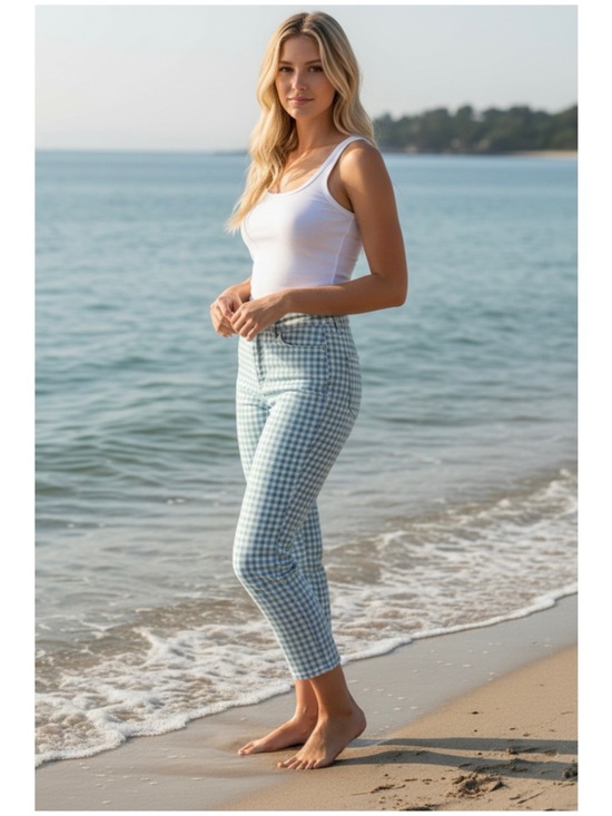 NYDJ Denim - NYDJ Women’s Sz 8 Blue Gingham High Rise Karen Capri Denim Jeans Stretch